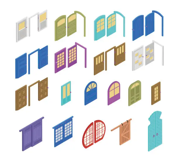 Vector illustration of Different Types of Doors Isometry Set