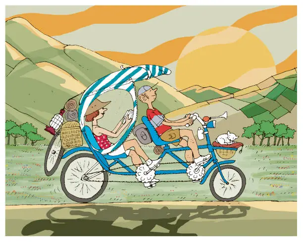 Vector illustration of Lovers Ride Tandem Bikes in Natural Park