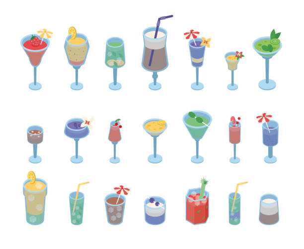 ilustrações de stock, clip art, desenhos animados e ícones de summer cocktails isometric vector set - margarita cocktail drink umbrella drink