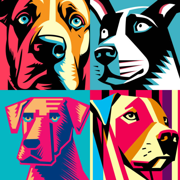 ilustrações de stock, clip art, desenhos animados e ícones de dog faces screen print set - mixed breed dog illustrations