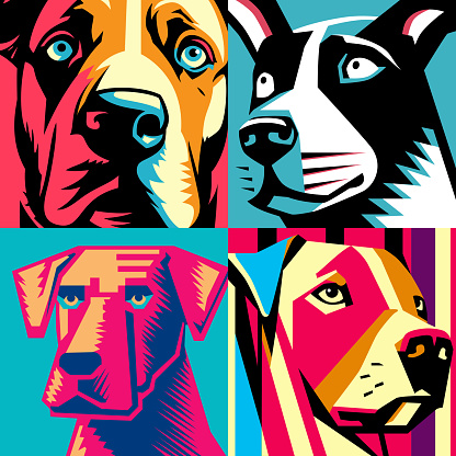 Vector illustration of four dog faces against a in flat style.