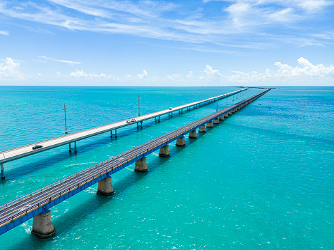 Aerial view of the old and the new Seven Mile Bridge and the Overseas Highway at the Florida Keys