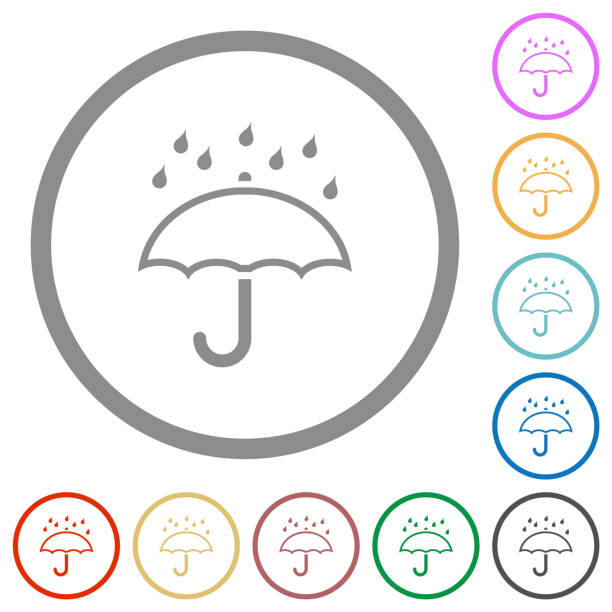 Umbrella with rain outline flat icons with outlines Umbrella with rain outline flat color icons in round outlines on white background aegis stock illustrations