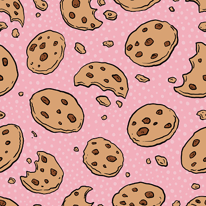 Chocolate Chip Cookies doodle seamless pattern. Cartoon illustration vector illustration background. For print, textile, web, home decor, fashion, surface, graphic design