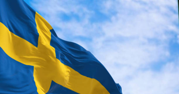 the national flag of sweden waving on a clear day - day sky swedish flag banner imagens e fotografias de stock