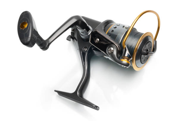 istock Spinning fishing reel isolated on white background 1475395152