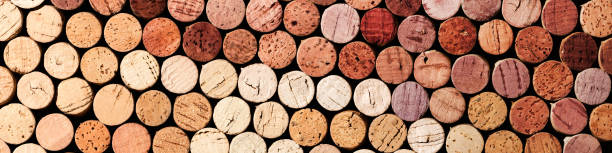 long wide banner of wine cork from red and white wine, natural texture used bottle stoppers top view, color gradient. horizontal format background from closeup wooden corks. natural colored - wine bottle wine wood bottle stopper imagens e fotografias de stock