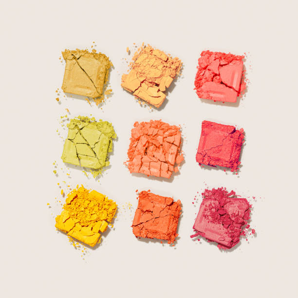 istock Beauty product eyeshadows for makeup as minimal square pattern on beige background, flat lay yellow red colors swatch eyeshadows, cosmetic textures, color pallete, top view still life 1475395493