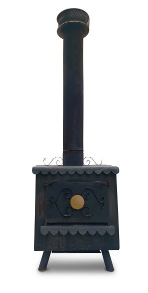 Front View of a Antique Wood Burning Stove Isolated on a White Background