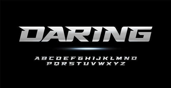Speed metallic alphabet, dynamic letters, energetic sport font for car racing logo, automotive headline, racer branding, game typographic, powerful action design. Vector typography.