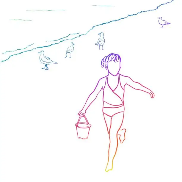 Vector illustration of Childhood Summer Beach Days Girl Rainbow