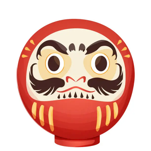Vector illustration of Daruma red traditional japan doll talisman with angry face, geld elements in cartoon style isolated on white background. Vector illustration