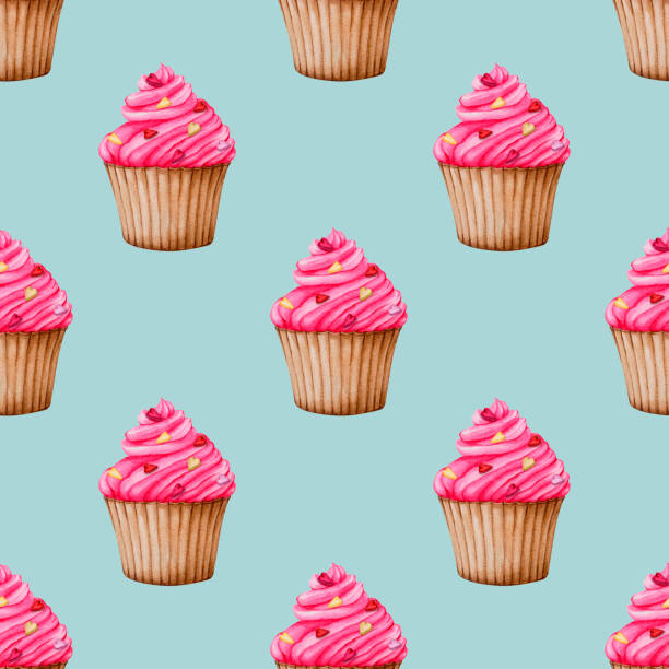 istock Seamless pattern with cupcakes on a blue background. Watercolor design for Valentine's Day, Birthday, Wedding, Anniversary. Ideal for printing on packaging, wrapping, stationery, fabrics, textiles. 1475403083