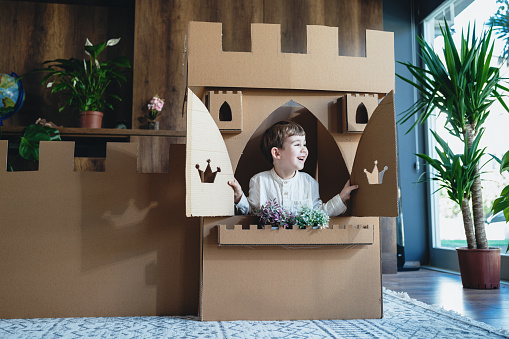 Little Prince Playing Role Play Game At Home With Castle Made Of Cardboard