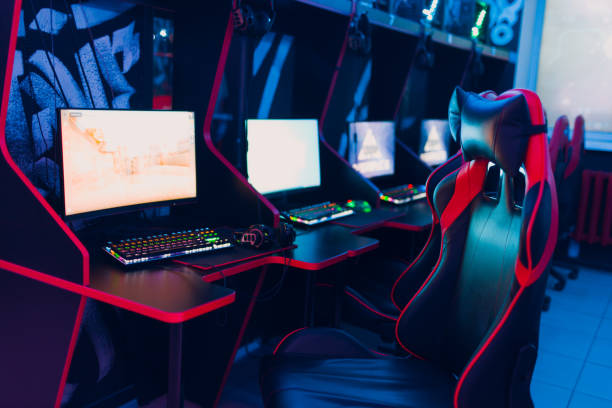 istock Empty playing gaming chair at game computer club 1475404635