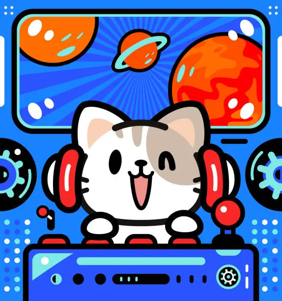 Vector illustration of A cute little cat is piloting an Unlimited Power Spaceship arriving on Mars