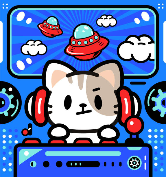 illustrazioni stock, clip art, cartoni animati e icone di tendenza di un simpatico gattino sta pilotando un'astronave o un ufo a potere illimitato - pilotando