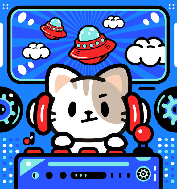 귀여운 작은 고양이가 무제한 파워 우주선이나 ufo를 조종하고 있습니다. - driving speed humor video game stock illustrations