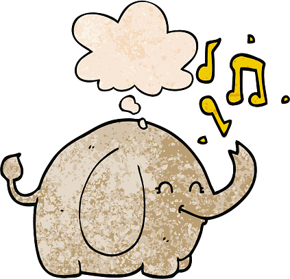 cartoon trumpeting elephant with thought bubble in grunge texture style