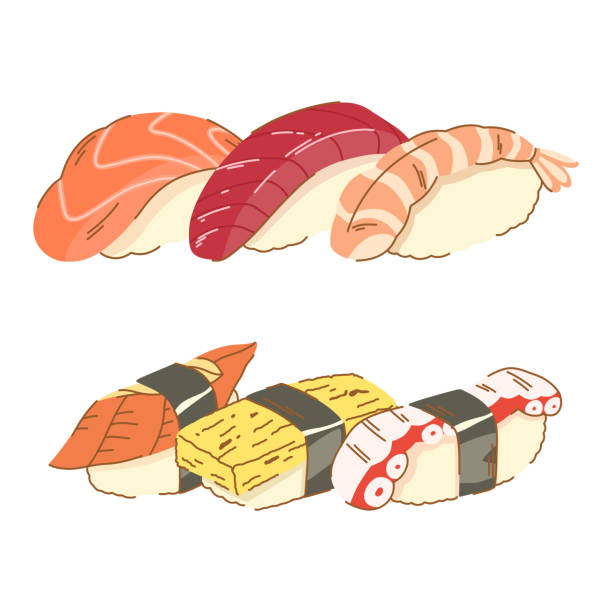 illustrations, cliparts, dessins animés et icônes de ensemble de sushis vectoriels avec différents poissons sur riz avec nori. bar à sushis avec thon, saumon, poulpe, omlet, anguille. - susi