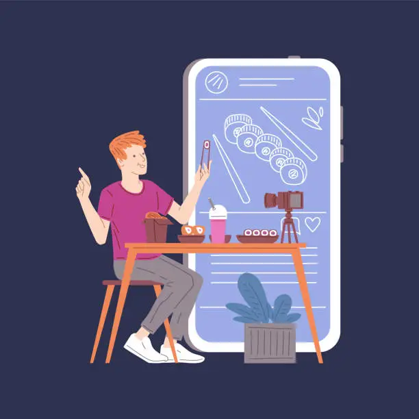 Vector illustration of Food blogger eating sushi and taking video, flat vector illustration isolated on dark background.