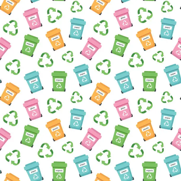 Vector illustration of Zero waste concept seamless pattern with garbage bins. Ecological concept. Vector illustration in cartoon style