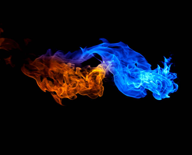 istock Red and blue fire smoke isolated on black background. 1475417055