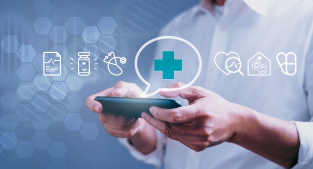 istock Businessman using smartphone with medical service network connection icons and modern interface 1475418365