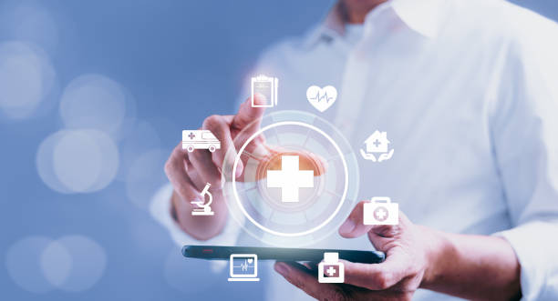 istock Businessman touching icon medical service network with modern interface on tablet 1475419180