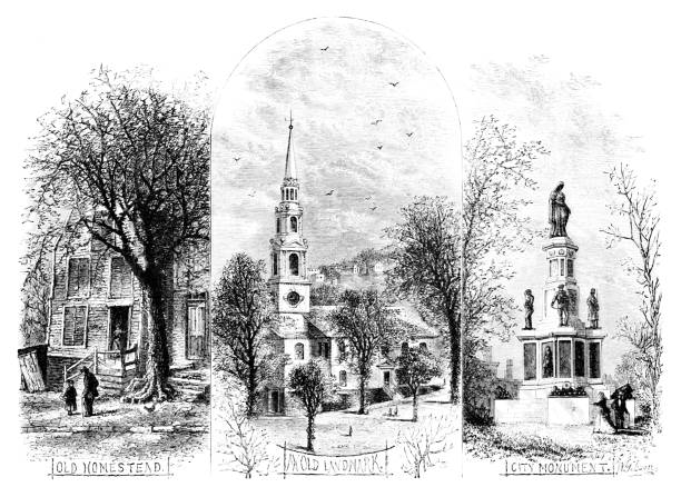 Historical Landmarks in Providence, Rhode Island, United States, Geography Three scenes: a homestead, a historical church, a monument in Providence, Rhode Island , USA. Pen and pencil illustration engravings published 1872. This edition edited by William Cullen Bryant is in my private collection. Copyright is in public domain. providence house stock illustrations