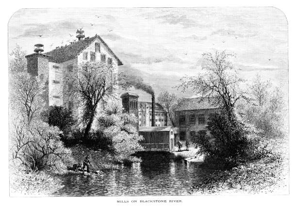 Mills at the Blackstone River, Providence, Rhode Island, United States, Geography Mills at the Blackstone River, Providence, Rhode Island , USA. Pen and pencil illustration engravings published 1872. This edition edited by William Cullen Bryant is in my private collection. Copyright is in public domain. flour mill stock illustrations