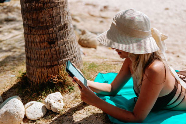 istock Woman Relaxing at Beach on Chair with Electronic Book Reader 1475421460