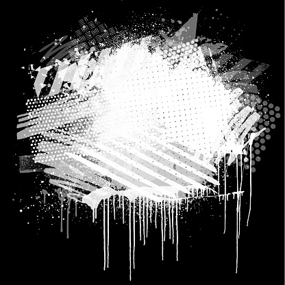 White and gray grunge paint marks and textured patterns on black background street art vector illustration