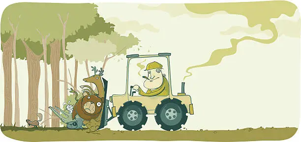Vector illustration of Man Bulldozing Animals Back Into Forest