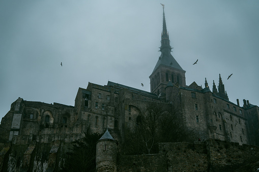 Ghent, Belgium - December 28, 2021: View of the wall of the medieval castle of Het Gravensteen, in the historic center of Ghent.