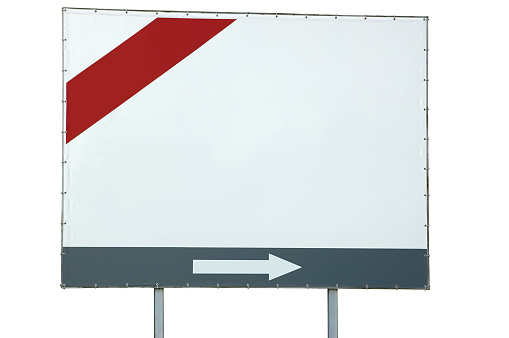 White signboard ad signage, isolated blank empty roadside advertising sign board rectangle canvas copy space, red, grey background bands, right direction arrow, large rectangular horizontal metallic advert billboard placard frame, grey pole posts