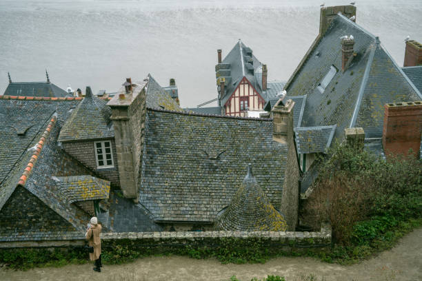 A path leading to the sea, like the Atlantic Ocean, where the tide is low. Castles. Mont Saint Michel in France. An iron fence is visible. It's evening.