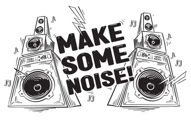 Vector illustration of Make some noise - hand drawn black and white musical loudspeakers
