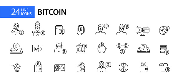 Set of 24 bitcoin icons. Worldwide cryptocurreny use. Modern technology virtual finances. Pixel perfect, editable stroke line design