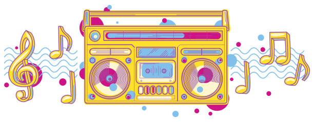 illustrazioni stock, clip art, cartoni animati e icone di tendenza di design musicale decorativo colorato con boom box retrò e note - 1980s style funky 1990s style boom box