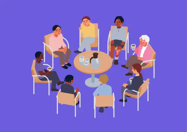 Vector illustration of Men listening to a story in group therapy - Isometric and vector illustration