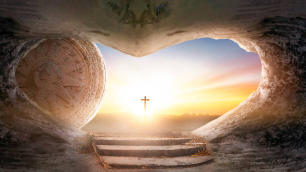 istock Easter and Good Friday concept, heart shaped empty tomb with cross on mountain sunrise background 1475433202