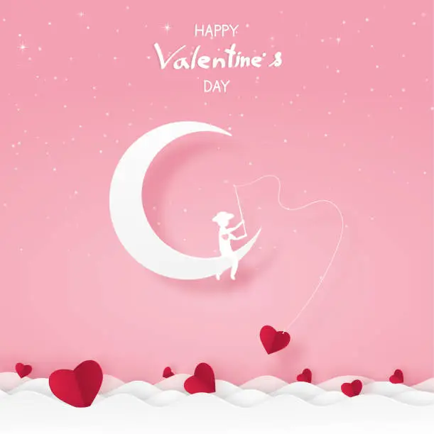 Vector illustration of man on the crescent moon fishing and hooking the hearts at floating on the sea. valentine, paper art in pink and white background.