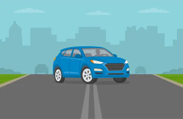 Vector illustration of Suv car is passing double solid lines. Front view of a vehicle making u-turn on road.