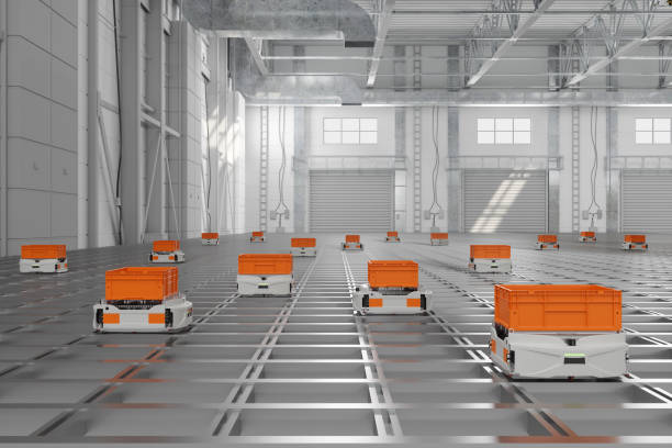 warehouse interior with parcel sorting robot system using automated guided vehicles - autonom teknik fotografier bildbanksfoton och bilder