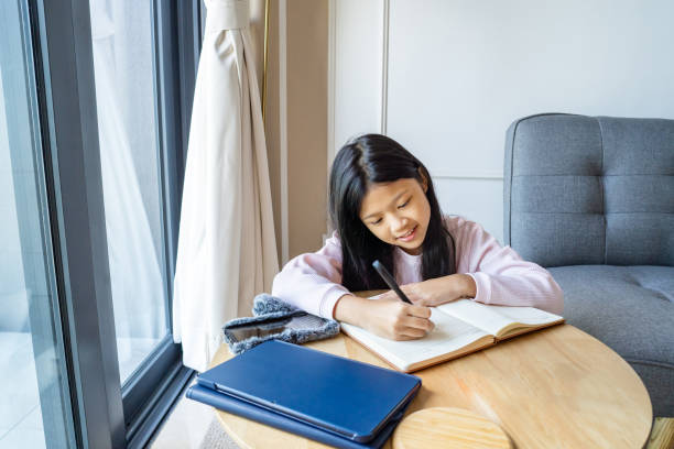 istock Little Asian girl studying at home 1475441701