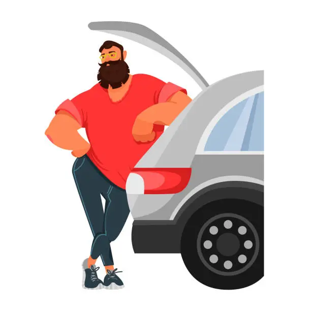 Vector illustration of a man with a car. a man is standing next to a car. the driver of the car. vector illustration