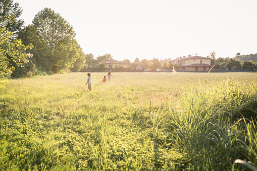 wide angle view on three children running in the field in the evening