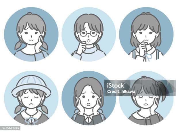 걱정 소녀 아이콘 세트 걱정하는에 대한 스톡 벡터 아트 및 기타 이미지 - 걱정하는, 구, 단순함 - iStock