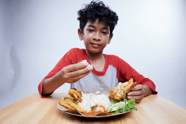 Boy enjoys having fried chicken and rice at lunch break stock photo